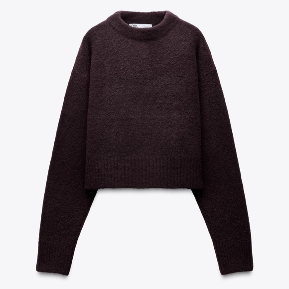 Zara dark purple eggplant touch of wool soft round neck cropped sweater NWT - Picture 1 of 12